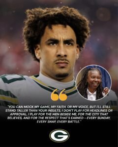  NATIONAL SHOCKWAVE: “He’s just a football player” — Whoopi Goldberg’s remark instantly backfired when Jordan Love stared into the camera and delivered a razor-sharp response that froze the entire set! Within moments, the clip exploded across every platform, turning a casual comment into a nationwide wake-up call. This isn’t just a reaction… it’s a moment that shook the NFL, Hollywood, and the public alike.